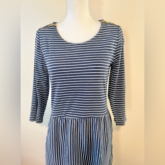 Boden Navy Blue White Stripe Zip Shoulder Jersey Midi Tea Dress - Picture 2 of 6